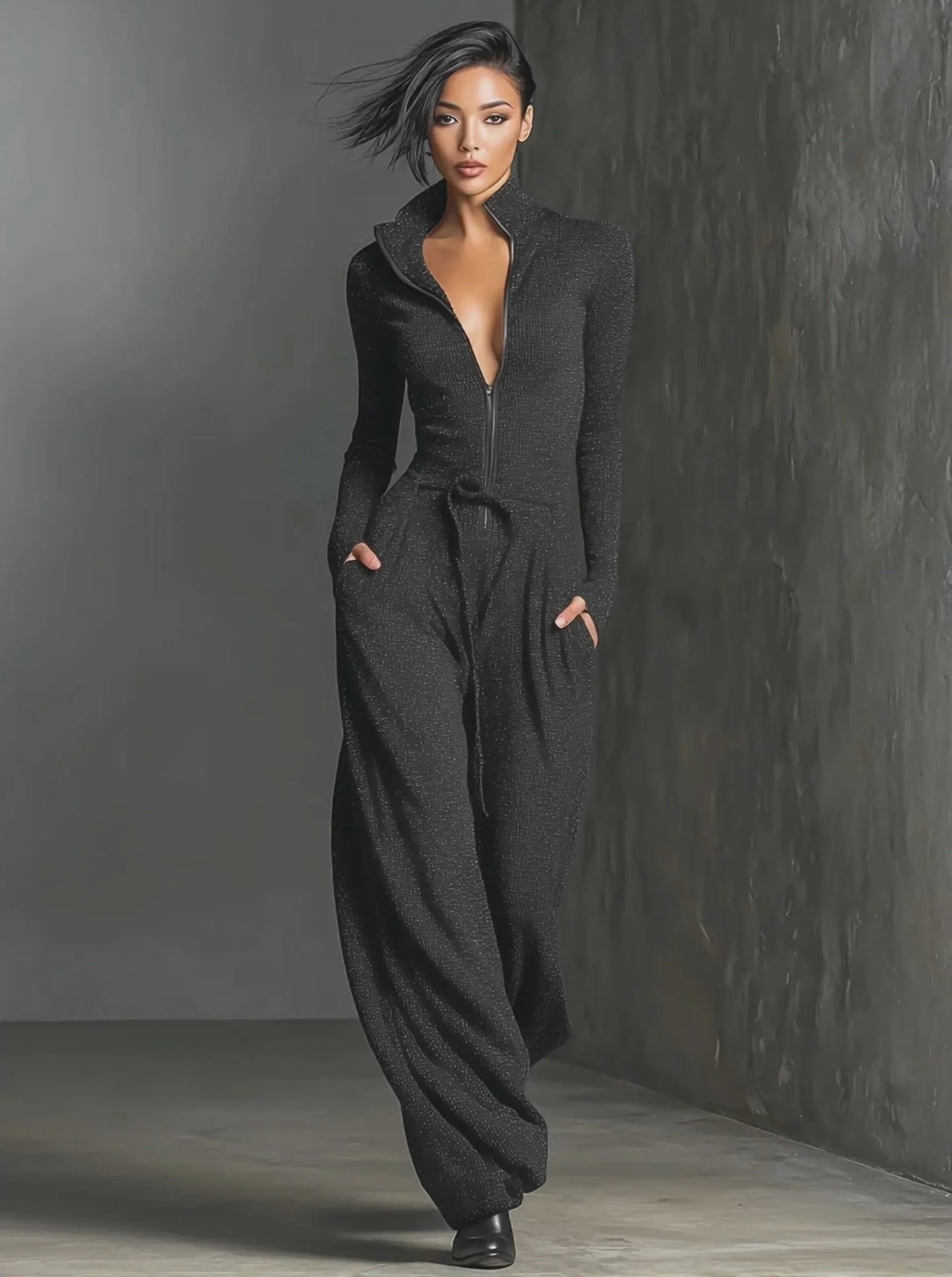 Perla – Mono elegante de punto con brillo y cremallera frontal