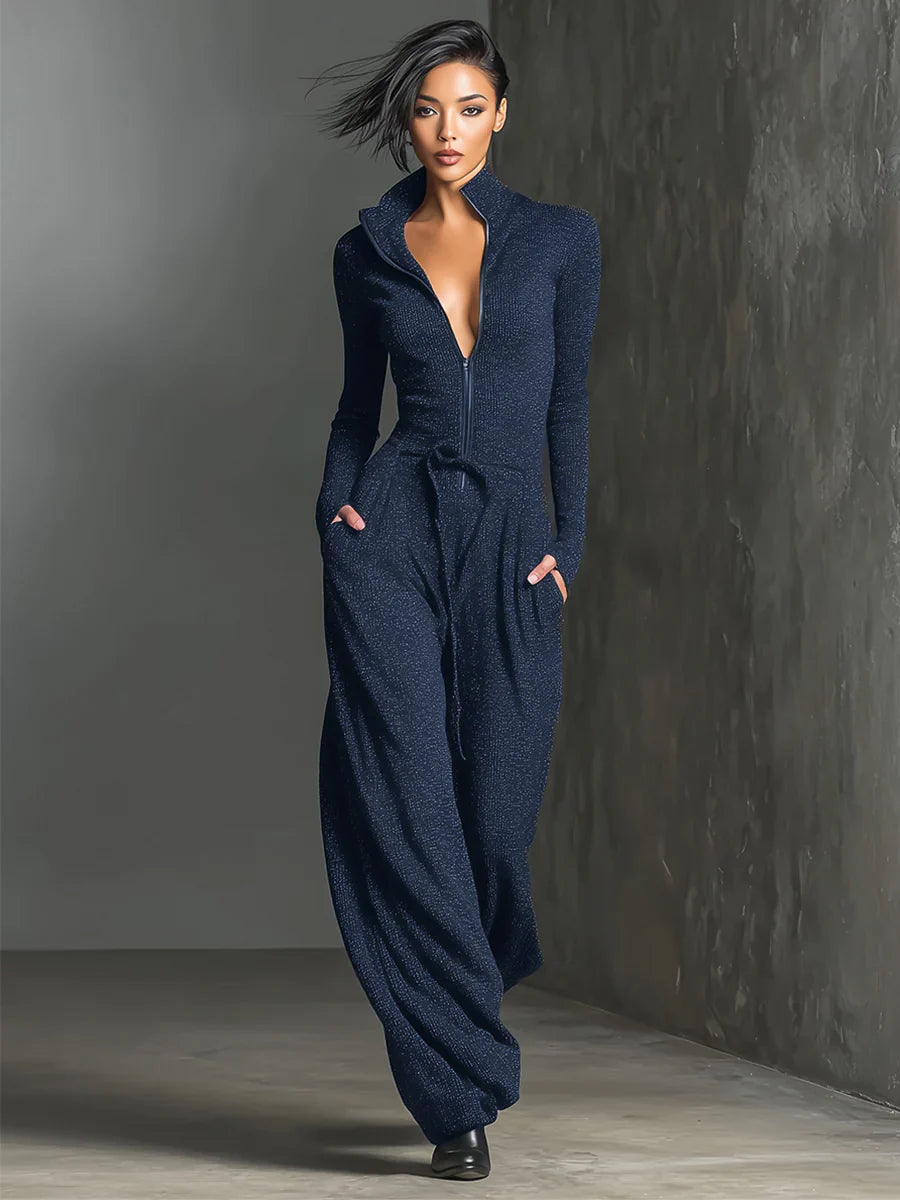 Perla – Mono elegante de punto con brillo y cremallera frontal