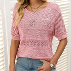 Carolina - Jersey de punto calado con cuello redondo y manga corta