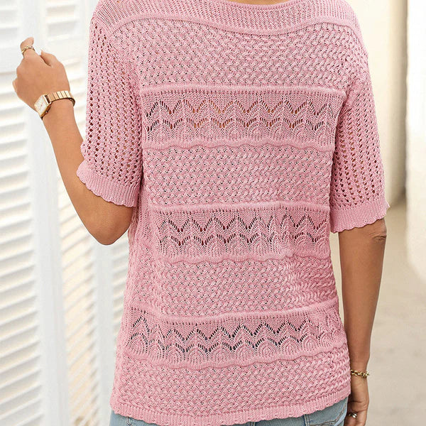 Carolina - Jersey de punto calado con cuello redondo y manga corta